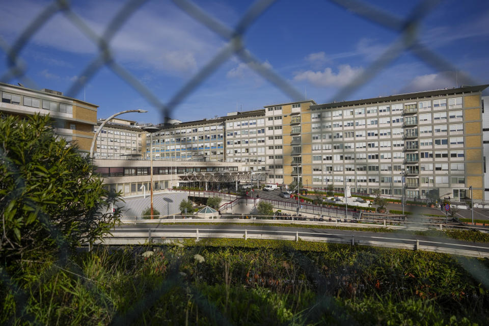 A view of the Agostino Gemelli hospita, in Rome, Friday, March 31, 2023. Pope Francis is expected to be discharged on Saturday from the Rome hospital where he is being treated for bronchitis as his recovery proceeds in a “normal” way, even had pizza for dinner and will be in St. Peter's Square for Palm Sunday Mass, the Vatican said. (AP Photo/Andrew Medichini)
