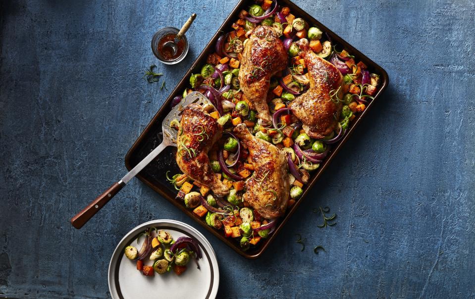 Roasted Rosemary Chicken Quarters with Butternut Squash and Brussels Sprouts