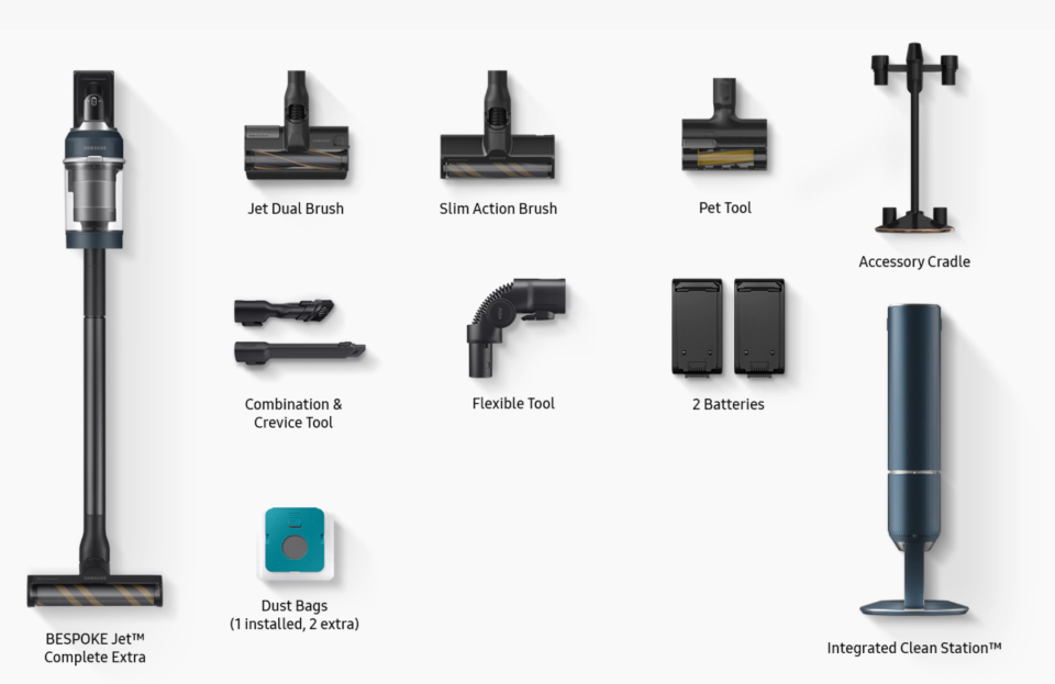 samsung bespoke jet vacuum cleaner and attachments, batteries, dust bags and dock.