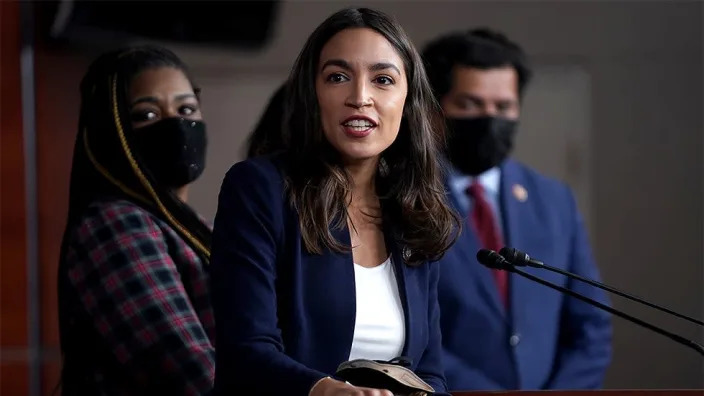 Rep. Alexandria Ocasio-Cortez (D-N.Y.) addresses reporters during a press conference on Wednesday, December 8, 2021 about a resolution condemning Rep. Lauren Boebert's (R-Colo.) use of Islamaphobic rhetoric and removing her from her current committees