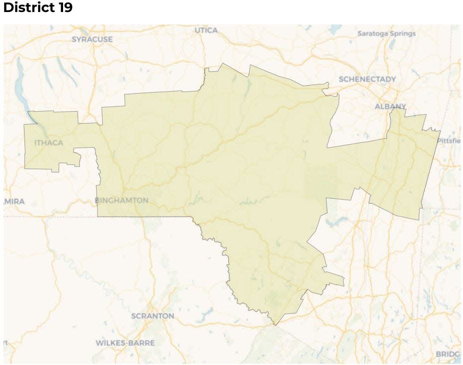 The Independent Redistricting Commission published new draft Congressional District maps on Thursday, Feb. 15, 2024. This is District 19, which stretches from the Hudson Valley to Central New York and the Finger Lakes. It is currently represented by Rep. Marc Molinaro.