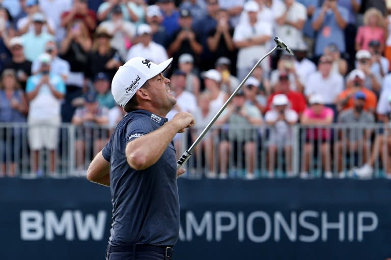 American Keegan Bradley celebrates his win of the BMW Championship at Castle Pines Golf Club in Colorado on the 18th green (Harry How)