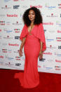 <p>On February 12, actress Angela Bassett stole the spotlight in a caped red dress. <em>[Photo: Getty]</em> </p>