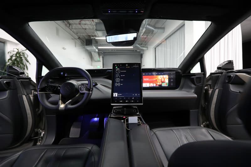 The interior of Faraday Future's luxury electric car FF91 is seen at the company's headquarters in Gardena