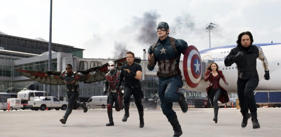 Falcon, Anti-Man, Hawkeye, Captain America, Scarlet Witch, and Bucky in ‘Captain America: Civil War’ (Disney)