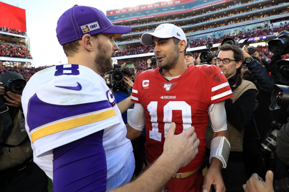 SANTA CLARA, CALIFORNIA - JANUARY 11: Kirk Cousins #8 of the Minnesota Vikings and Jimmy Garoppolo #10 of the San Francisco 49ers shake hands after the NFC Divisional Round Playoff game at Levi's Stadium on January 11, 2020 in Santa Clara, California. The San Francisco 49ers won 27-10. (Photo by Sean M. Haffey/Getty Images)