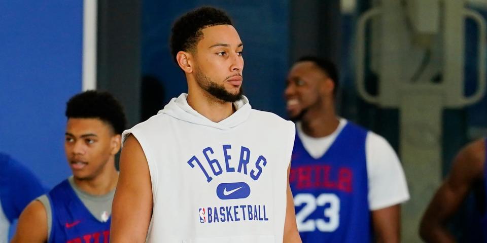 Ben Simmons looks on during a 76ers training camp practice in 2021.