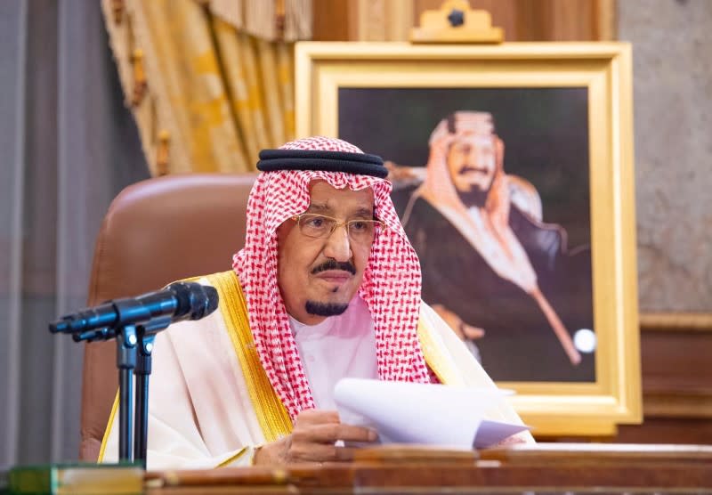 Saudi King Salman bin Abdulaziz delivers a televised speech regarding the outbreak of the coronavirus disease (COVID-19), in Riyadh