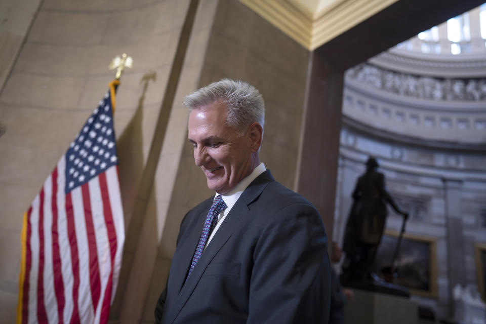 FILE - Speaker of the House Kevin McCarthy, R-Calif., talks to reporters outside his office following his discussions at the White House with President Joe Biden on the impasse over the government's debt ceiling, at the Capitol in Washington, Monday evening, May 22, 2023. President Joe Biden and McCarthy came to an “agreement in principle” on the debt limit Saturday, May 27 that would avert a potentially disastrous U.S. default, but still has to pass both houses of Congress. (AP Photo/J. Scott Applewhite, File)