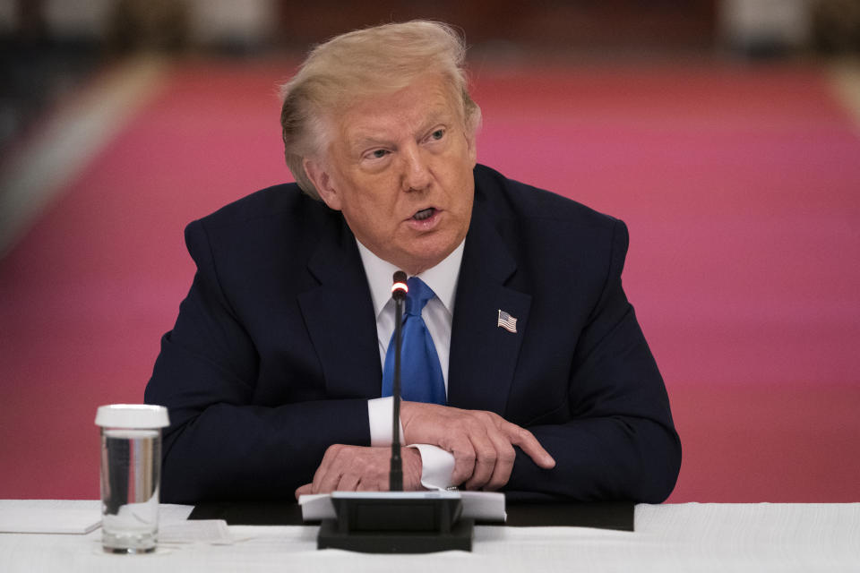 President Donald Trump speaks during roundtable with people positively impacted by law enforcement, Monday, July 13, 2020, in Washington. (AP Photo/Evan Vucci)