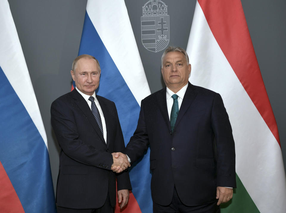 Hungarian Prime Minister Viktor Orban, right, and Russian President Vladimir Putin pose for a photo prior to their talks in Budapest, Hungary, Wednesday, Oct. 30, 2019. Hungary has maintained friendly ties with Russia and long criticized the European Union's sanctions against Moscow. (Alexei Nikolsky, Sputnik, Kremlin Pool Photo via AP)