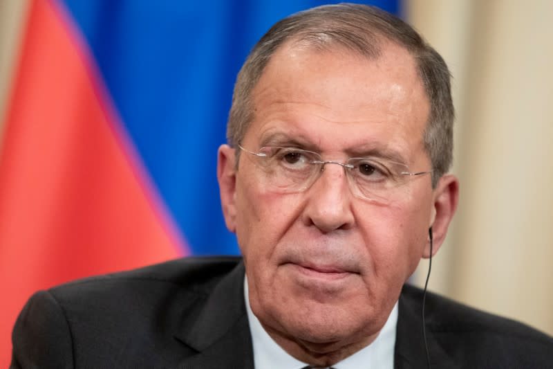 Russian Foreign Minister Sergei Lavrov attends a joint news conference following talks with Turkish Foreign Minister Mevlut Cavusoglu in Moscow