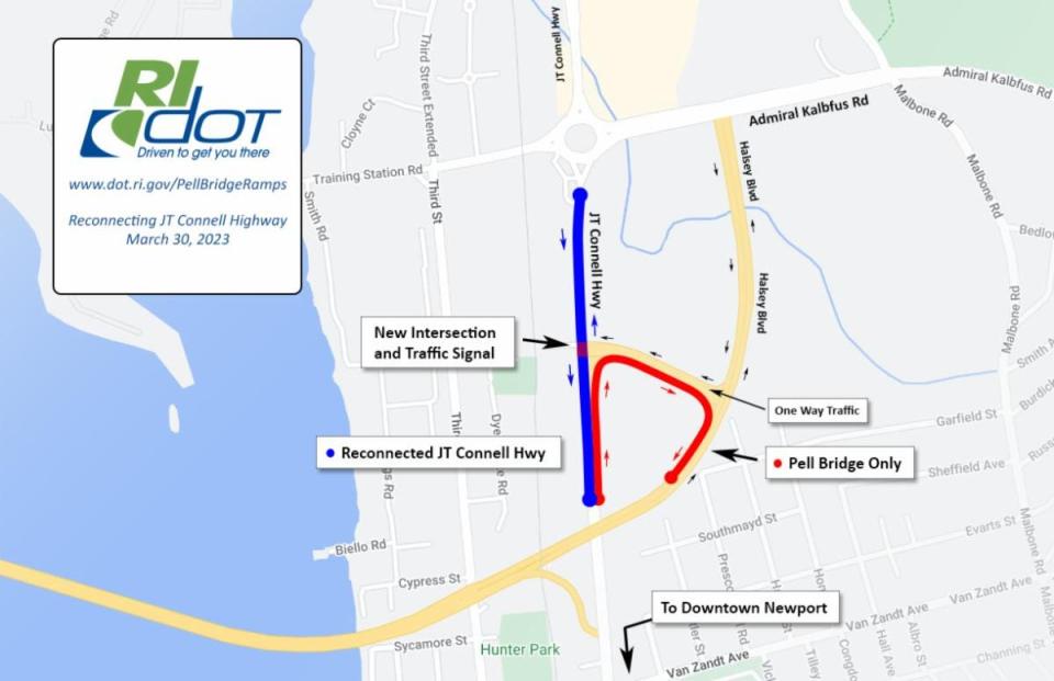 This map depicts the changes coming on March 30 as part of the Newport Pell Bridge ramp project.