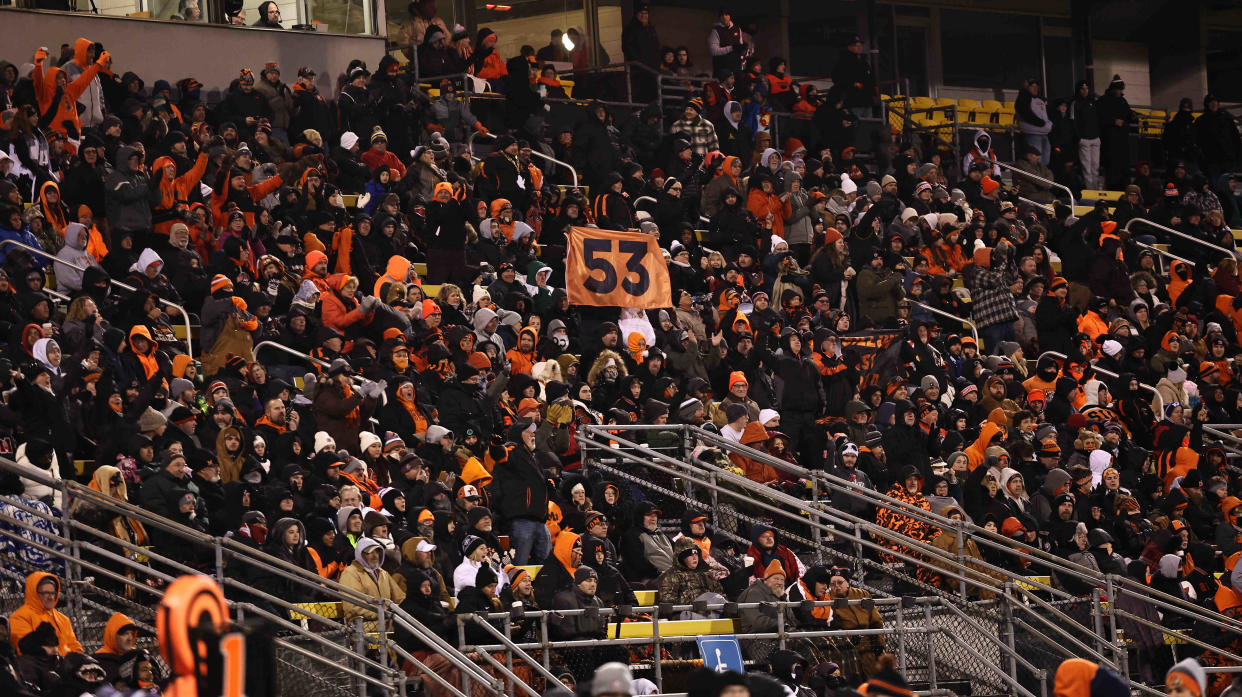 Massillon fans cheer on the Tigers during their state semifinal against Anderson, Friday, Nov. 24, 2023, in Columbus.