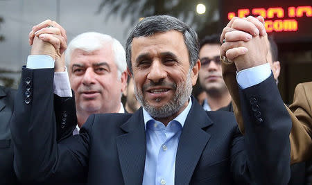 Ex-Iranian President Mahmoud Ahmadinejad reacts as he submits his name for registration as a candidate in Iran's presidential election, in Tehran, Iran April 12, 2017. Tasnim News Agency/Handout via REUTERS