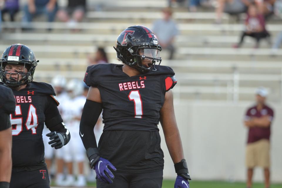 Tascosa defensive lineman Avion Carter (1) gets ready for a play in their non-district game against Midland Legacy on Friday, Sept. 2, 2022 at West Texas A&M.