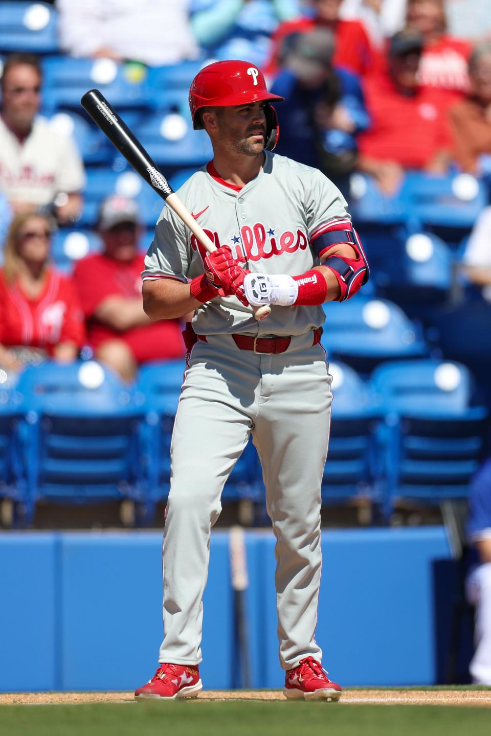 Philadelphia Phillies second baseman Whit Merrifield (9) looks on during an at bat against the Toronto Blue Jays in the first inning at TD Ballpark.