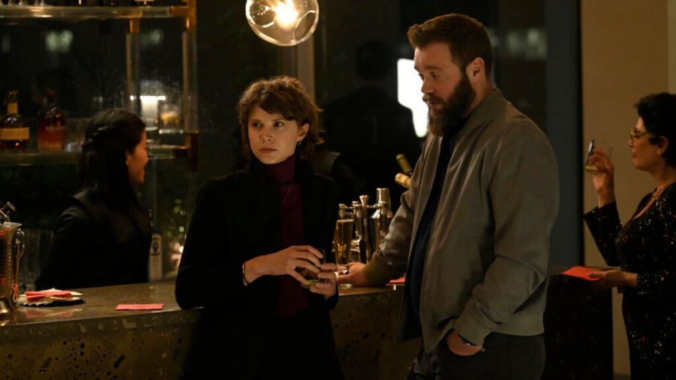 Eili Harboe and Jóhannes Haukur Jóhannesson in a still from “Succession”. (David M. Russell/HBO)