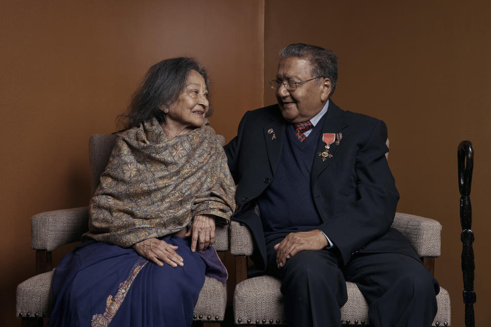 Manu Chandaria, right, and his wife, Aruna Chandaria, pose for a picture before the Carnegie Medal of Philanthropy Ceremony at Gotham Hall on Thursday, Oct. 13, 2022, in New York. (AP Photo/Andres Kudacki)