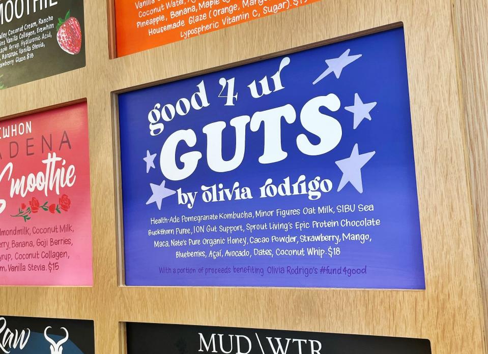 The menu board for Olivia Rodrigo's "good 4 ur GUTS" smoothie is shown