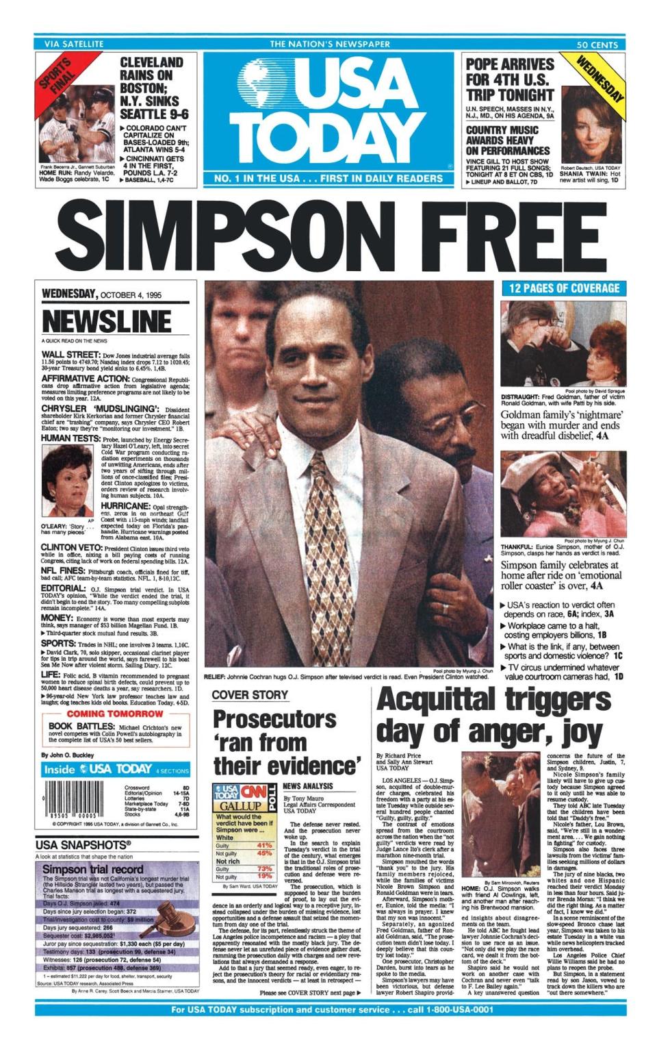 USA TODAY voorpagina toen OJ Simpson in oktober 1995 werd vrijgesproken van de moord op zijn ex-vrouw Nicole Brown Simpson en haar vriend Ronald Goldman.