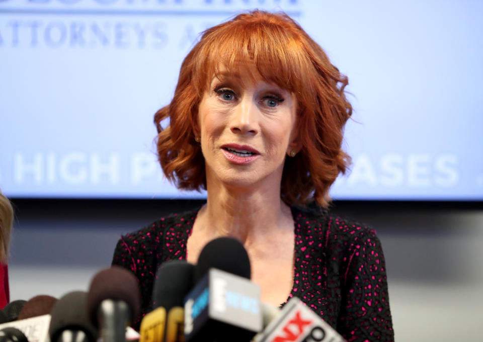 WOODLAND HILLS, CA - JUNE 02:  Kathy Griffin speaks during a press conference at The Bloom Firm on June 2, 2017 in Woodland Hills, California.  Griffin is holding the press conference after a controversial photoshoot where she was holding a bloodied mask depicting President Donald Trump and to address alleged bullying by the Trump family.  (Photo by Frederick M. Brown/Getty Images)