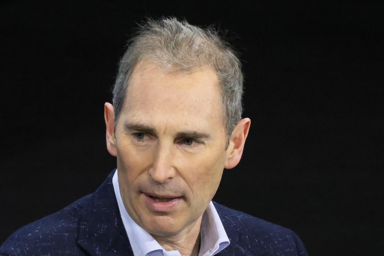 NEW YORK, NEW YORK - NOVEMBER 30: Amazon CEO Andy Jassy speaks during the New York Times DealBook Summit in the Appel Room at the Jazz At Lincoln Center on November 30, 2022 in New York City. The New York Times held its first in person DealBook Summit since the start of the coronavirus (COVID-19) pandemic with speakers from the worlds of financial services, technology, consumer goods, private investment, venture capital, banking, media, public relations, policy, government, and academia.   (Photo by Michael M. Santiago/Getty Images)