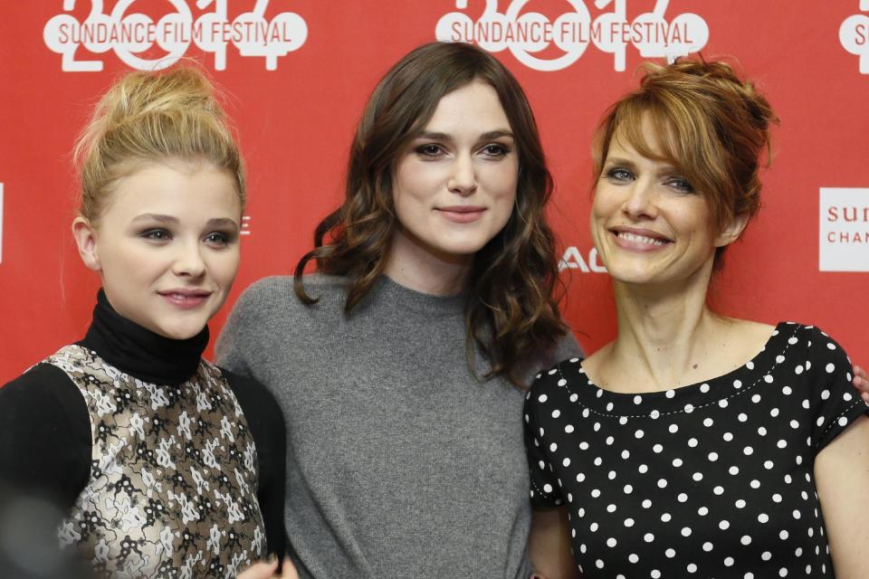 Cast members Chloe Grace Moretz, left, and Keira Knightley, center, pose with director Lynn Shelton at the premiere of the film "Laggies" during the 2014 Sundance Film Festival, on Friday, Jan. 17, 2014, in Park City, Utah. (Photo by Danny Moloshok/Invision/AP)