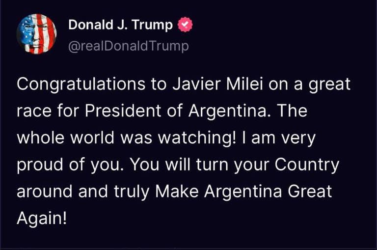 Donald Trump felicitó a Javier Milei por el triunfo en las elecciones del domingo. 
