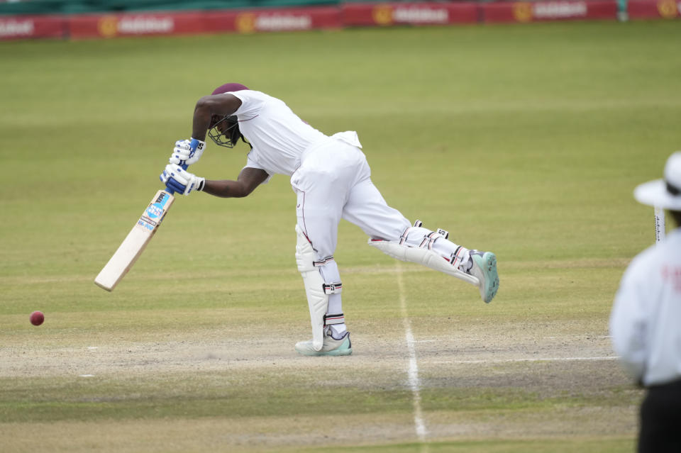 West Indies batsman Jermaine Blackwood plays a shot on the final day of the first Test cricket match between Zimbabwe and West Indies at Queens Sports Club in Bulawayo, Zimbabwe, Wednesday, Feb. 8, 2023. (AP Photo/Tsvangirayi Mukwazhi)