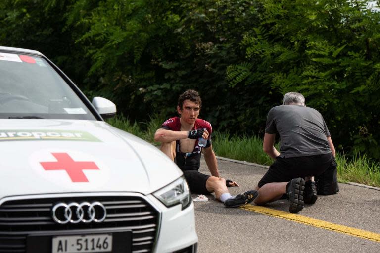 Geraint Thomas remains optimistic about his chances of defending his Tour de France title despite being forced to withdraw from the Tour de Suisse on Tuesday.The Welshman came off his bike around 30 kilometres from the end of stage four and received medical attention at the side of the road.However, the 33-year-old reassured fans that he will be on the start line in Brussels on July 6 with a positive update on Wednesday morning.Thomas wrote on Twitter: "Thanks for all your messages!! Gutted to leave tds but luckily I'm all ok."I hit my head and needed stitches above my eye, so the doctors stopped me getting back on my bike. It just means I'll need some big training rides next week now."Thomas also "suffered abrasions on his shoulder" but no significant injury after passing an initial concussion roadside test and returned to the team hotel on Tuesday evening following further scans and X-rays at a local hospital."There was a lip in the road that came out of nowhere," Thomas said on teamineos.com about the incident."An Astana rider hit the lip and crashed and I had nowhere to go. I landed on my shoulder and my face and there was quite a bit of blood."You've always got to be cautious with a head injury, and whilst I was keen to carry on, the doctors made the right decision to pull me out of the race."Thomas is due to lead Ineos at this year's Tour after team-mate Chris Froome crashed while in France for the Criterium du Dauphine last week.Froome underwent extensive surgery following his high-speed crash, which left him with multiple injuries, including a broken femur.