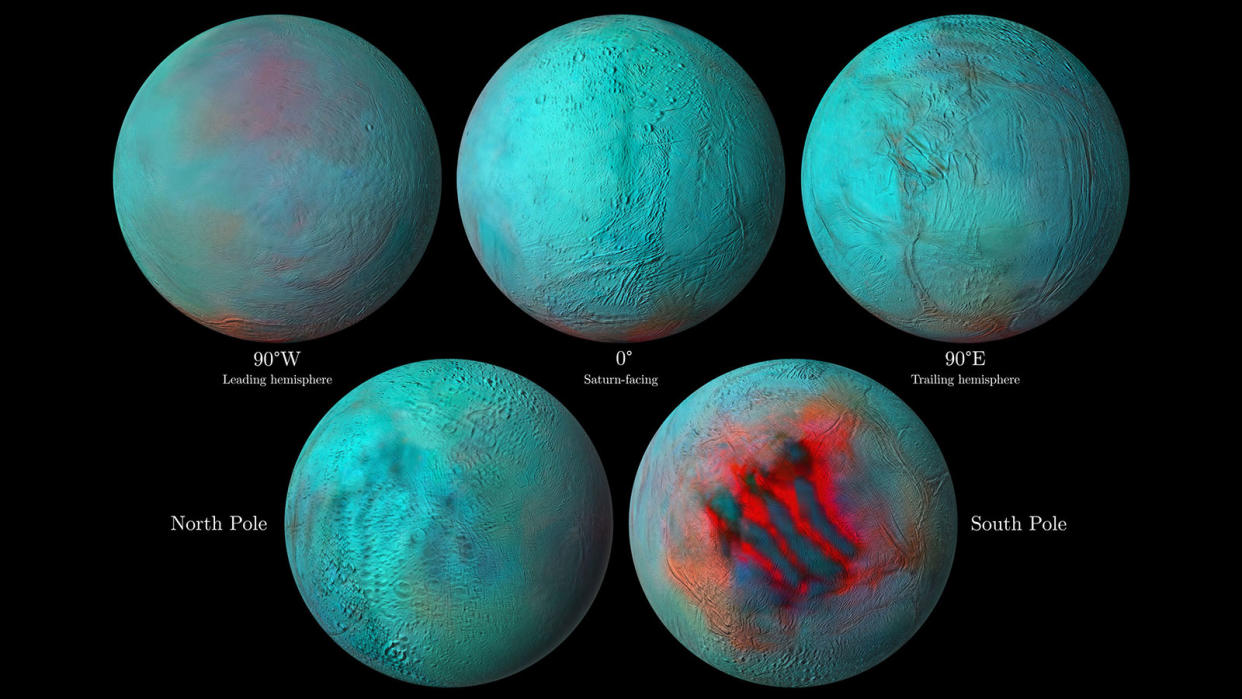 In these detailed infrared images of Saturn's icy moon Enceladus, reddish areas indicate fresh ice that has been deposited on the surface. Image Credit: NASA