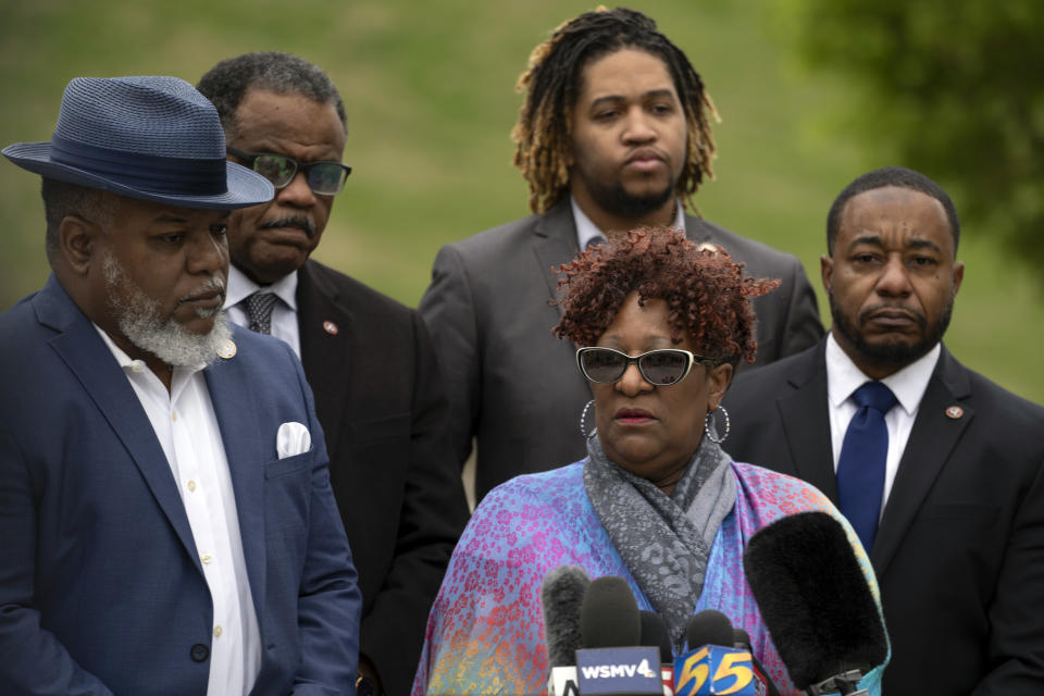 State Rep. Karen Camper, D-Memphis, of the Tennessee Black Caucus of State Legislators responds to questions during a press conference outside the state Capitol, Friday, April 7, 2023, in Nashville, Tenn. the day after two of its members were expelled from the state's House of Representatives. (AP Photo/George Walker IV)