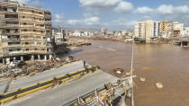 Floodwaters from Mediterranean storm Daniel are visible on Tuesday, Sept. 12, 2023. Scientists say the Mediterranean storm that dumped torrential rain on the Libyan coast is just the latest extreme weather event to carry some hallmarks of climate change. (AP Photo/Jamal Alkomaty)