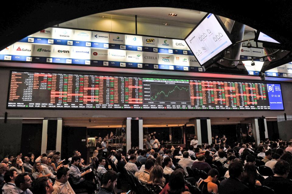 An electronic board shows the index chart at the Sao Paulo Stock Exchange (B3) in Sao Paulo, Brazil. (Photo: NELSON ALMEIDA/AFP/Getty Images)