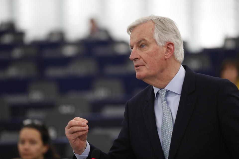 European Union chief Brexit negotiator Michel Barnier speaks during a debate over how the UK and EU27 governments will manage citizens' rights after Brexit, at the European parliament Tuesday, Jan.14, 2020 in Strasbourg, eastern France. (AP Photo/Jean-Francois Badias)