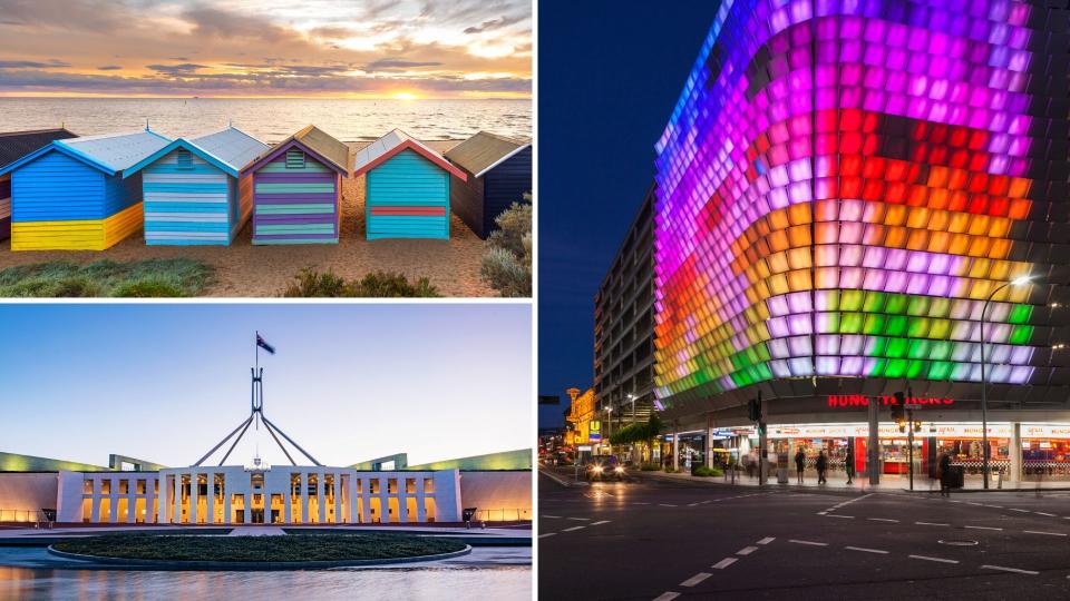 Melbourne's Brighton Beach on the top left, Adelaide city on the right, and Canberra's parliament house on the bottom left.