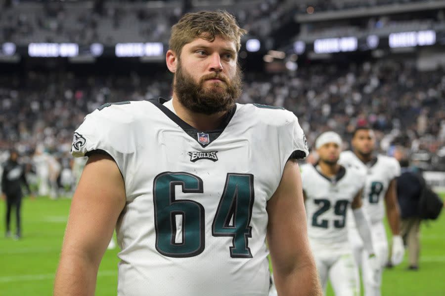 LAS VEGAS, NEVADA – OCTOBER 24: Brett Toth #64 of the Philadelphia Eagles reacts while coming of the field after their loss against the Las Vegas Raiders at Allegiant Stadium on October 24, 2021 in Las Vegas, Nevada. (Photo by Sam Morris/Getty Images)