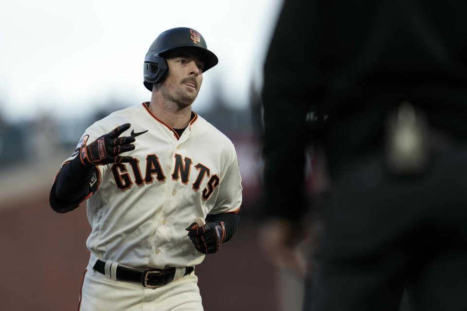 San Francisco' Mike Yastrzemski runs the bases after hitting a solo home run against the Cleveland Guardians during the first inning of a baseball game Monday, Sept. 11, 2023, in San Francisco. (AP Photo/Godofredo A. Vásquez)