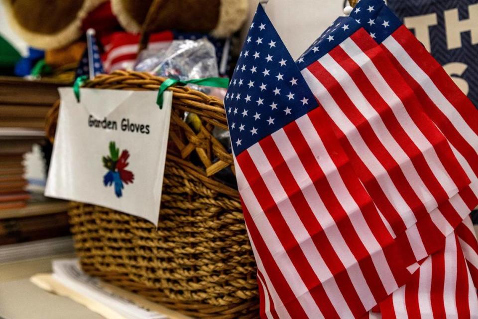 A basket of American flags and gardening gloves in Denise Soufrine’s kindergarten classroom at Pembroke Pines Elementary. The first day of classes is Tuesday, Aug. 16.