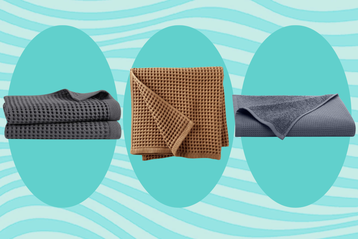 Three of the best waffle towels, by, from left, Brooklinen, Casaluna/Target, and Boll & Branch