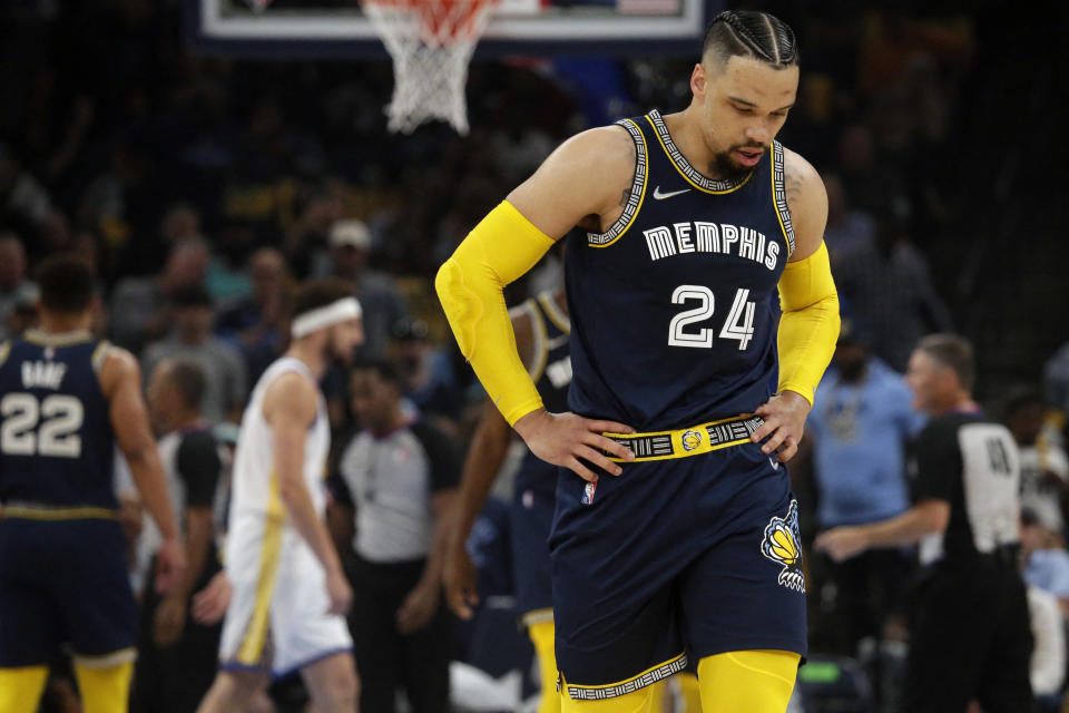 Grizzlies guard Dillon Brooks exits Game 2 against the Warriors following his Flagrant 2 foul. (Petre Thomas/USA TODAY Sports)