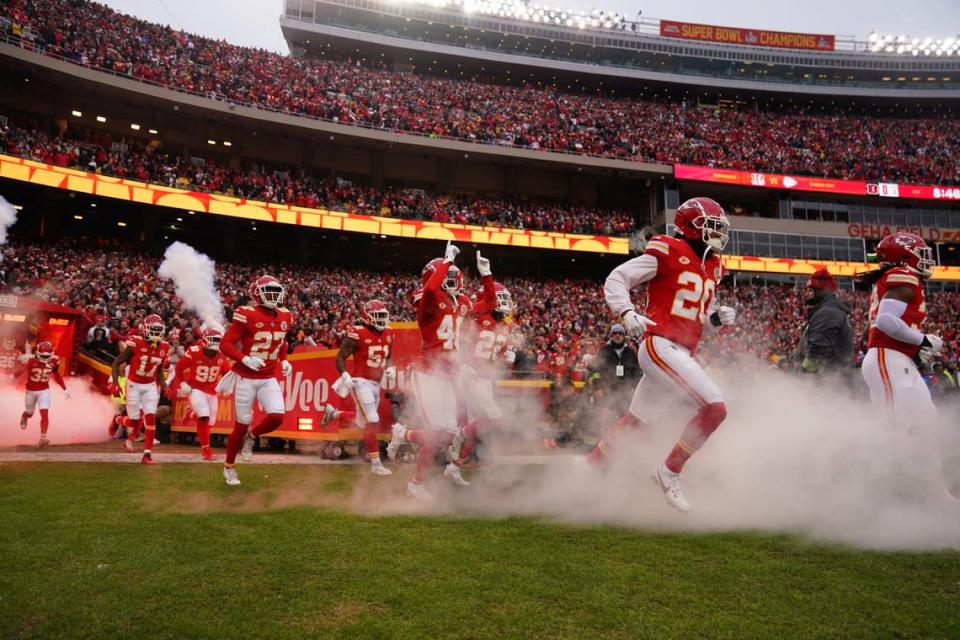 The Kansas City Chiefs are introduced prior to a Week 17 NFL football game between the Cincinnati Bengals and the Kansas City Chiefs, Sunday, Dec. 31, 2023, at GEHA Field at Arrowhead Stadium in Kansas City, Mo.