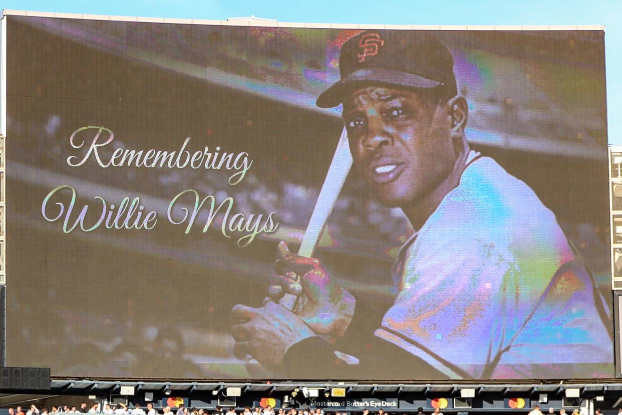 Jun 19, 2024; Bronx, New York, USA; Graphic for Willie Mays at Yankee Stadium. Mandatory Credit: Wendell Cruz-USA TODAY Sports