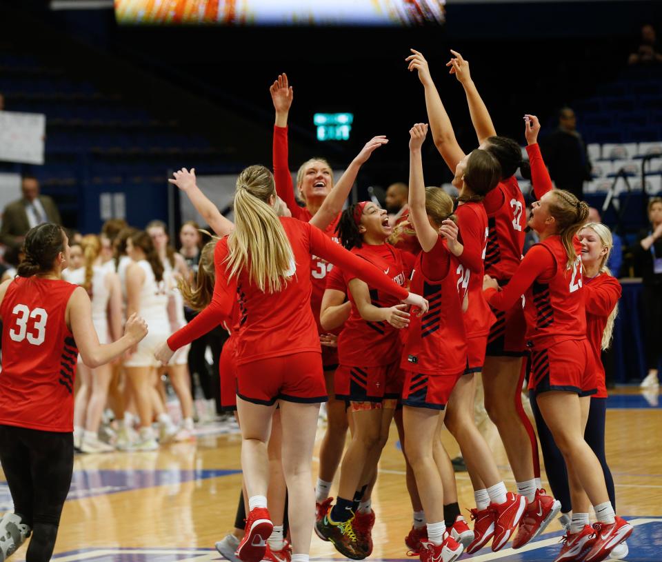 Sacred Heart celebrates beating McCracken County in the Mingua Beef Jerky Sweet 16 Girl’s Basketball Championship. 
Mar. 16, 2024