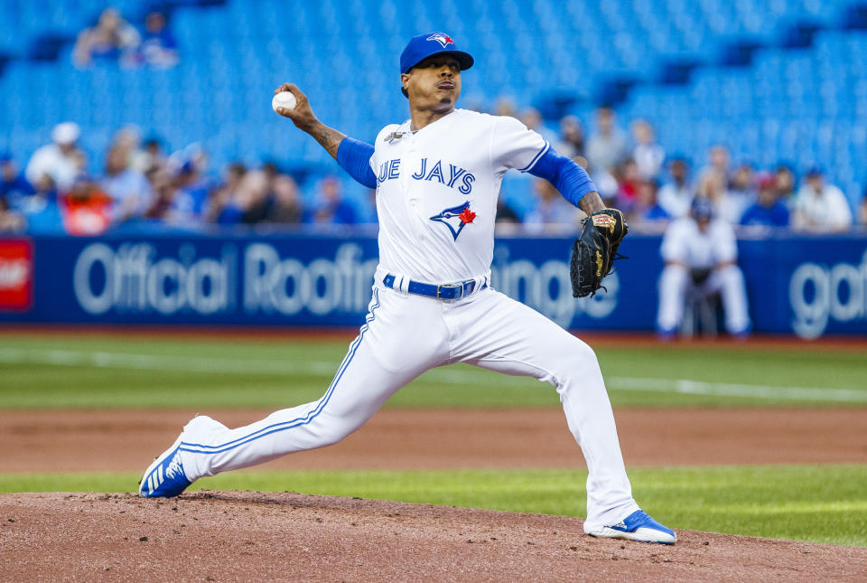 TORONTO, ONTARIO - JULY 24: Marcus Stroman #6 of the Toronto Blue Jays pitches to the Cleveland Indians in the first inning during their MLB game at the Rogers Centre on July 24, 2019 in Toronto, Canada. (Photo by Mark Blinch/Getty Images)