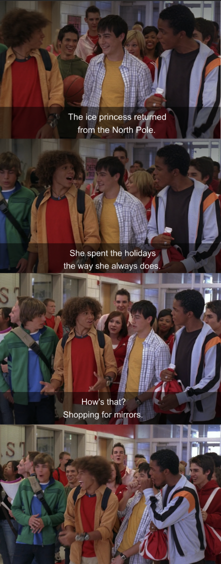 Chad says Sharpay spent the holidays shopping for mirrors, then they all cheer and laugh