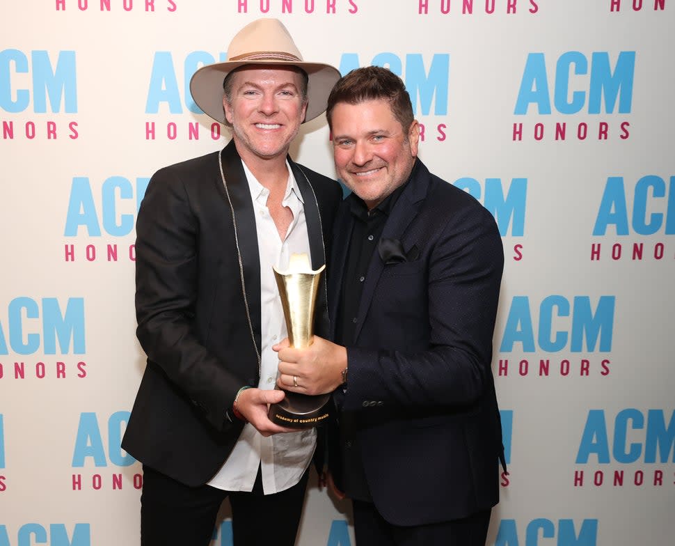 Joe Don Rooney and Jay DeMarcus of Rascal Flatts are backstage during the 14th Annual Academy Of Country Music Honors at Ryman Auditorium on August 25, 2021 in Nashville, Tennessee.