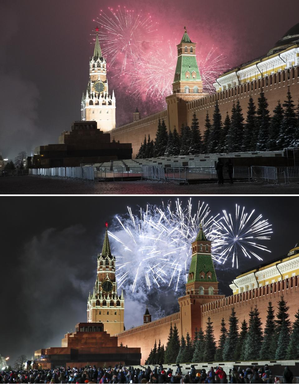 This combo image shows at top fireworks exploding over the Kremlin and the Spasskaya Tower in an almost empty Red Square during New Year's celebrations in Moscow, Russia, Thursday, Dec. 31, 2020 and below, a file photo taken from the same angle during New Year's celebrations on Dec. 31, 2019. As the world says goodbye to 2020, there will be countdowns and live performances, but no massed jubilant crowds in traditional gathering spots like the Champs Elysees in Paris and New York City's Times Square this New Year's Eve. The virus that ruined 2020 has led to cancelations of most fireworks displays and public events in favor of made-for-TV-only moments in party spots like London and Rio de Janeiro. (AP Photo/Pavel Golovkin, Denis Tyrin)