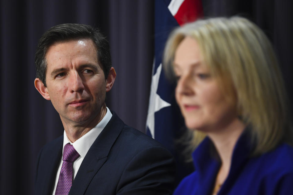 Trade Minister of Australia Simon Birmingham (left) and UK Secretary of State for International Trade Liz Truss on September 18.